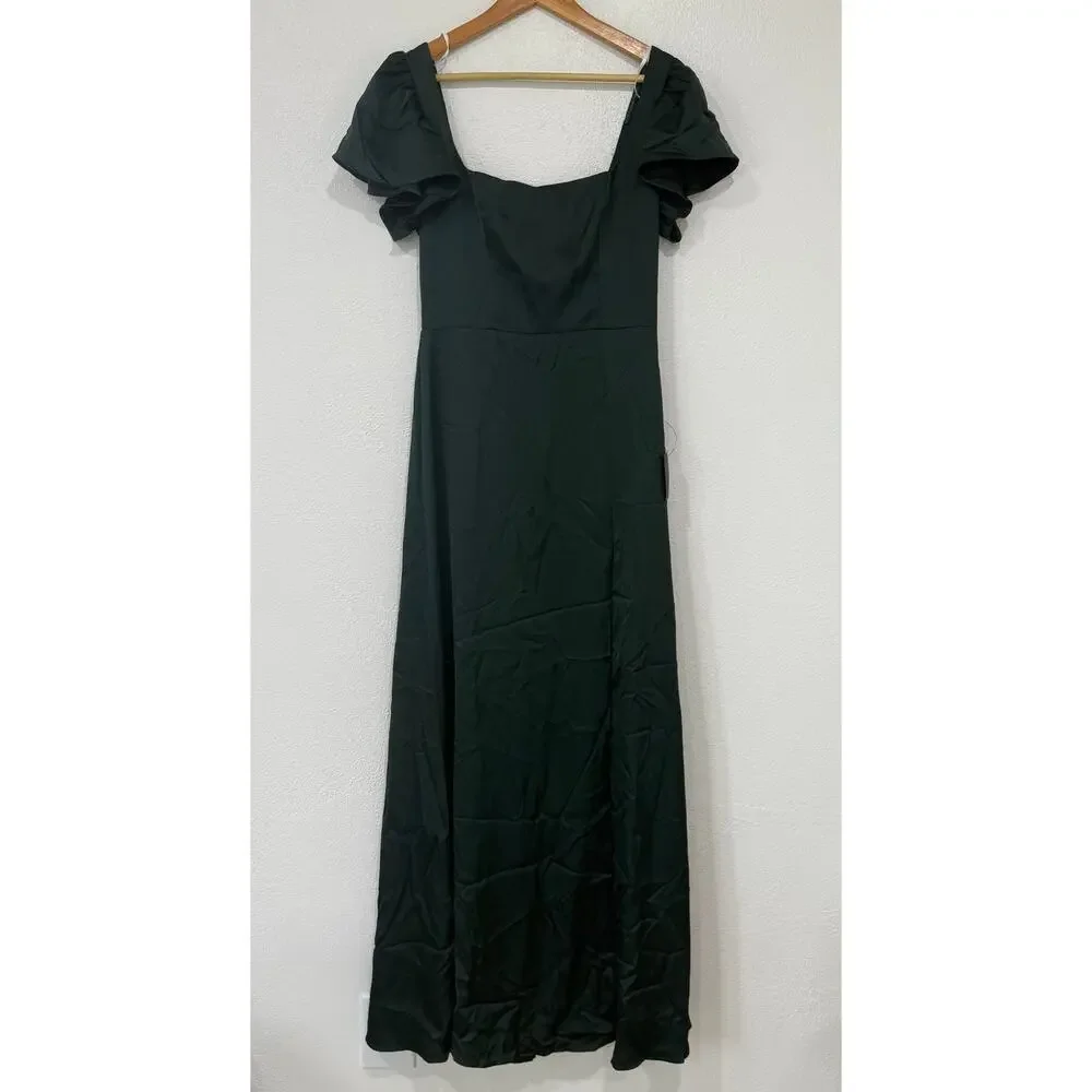 NWT Lulus Ultimate Sweetness Emerald Green Satin Flutter Sleeve Maxi Dress Med - Picture 2 of 12